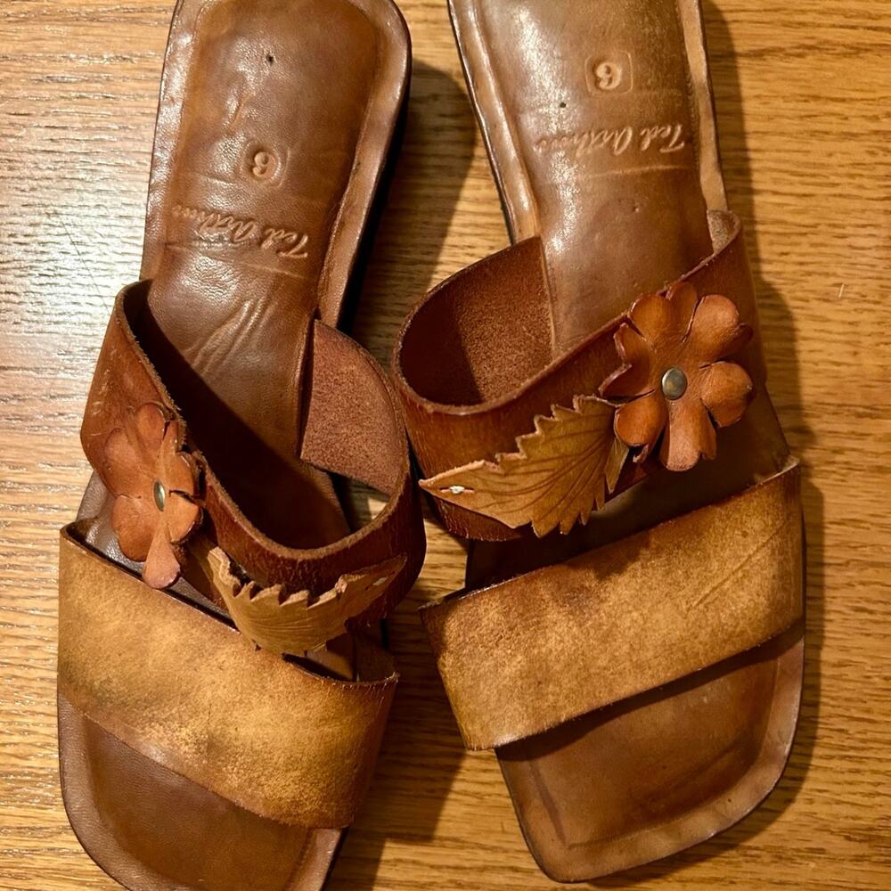 Ted Arthur Leather Slides Artisan Handcrafted Leather Layered Floral Applique